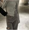 Women's Gray Long-Sleeve Tight Fit Short T-Shirt, Autumn 2025 Fashion.
