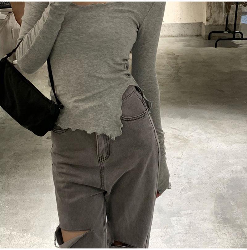 Women's Gray Long-Sleeve Tight Fit Short T-Shirt, Autumn 2025 Fashion.