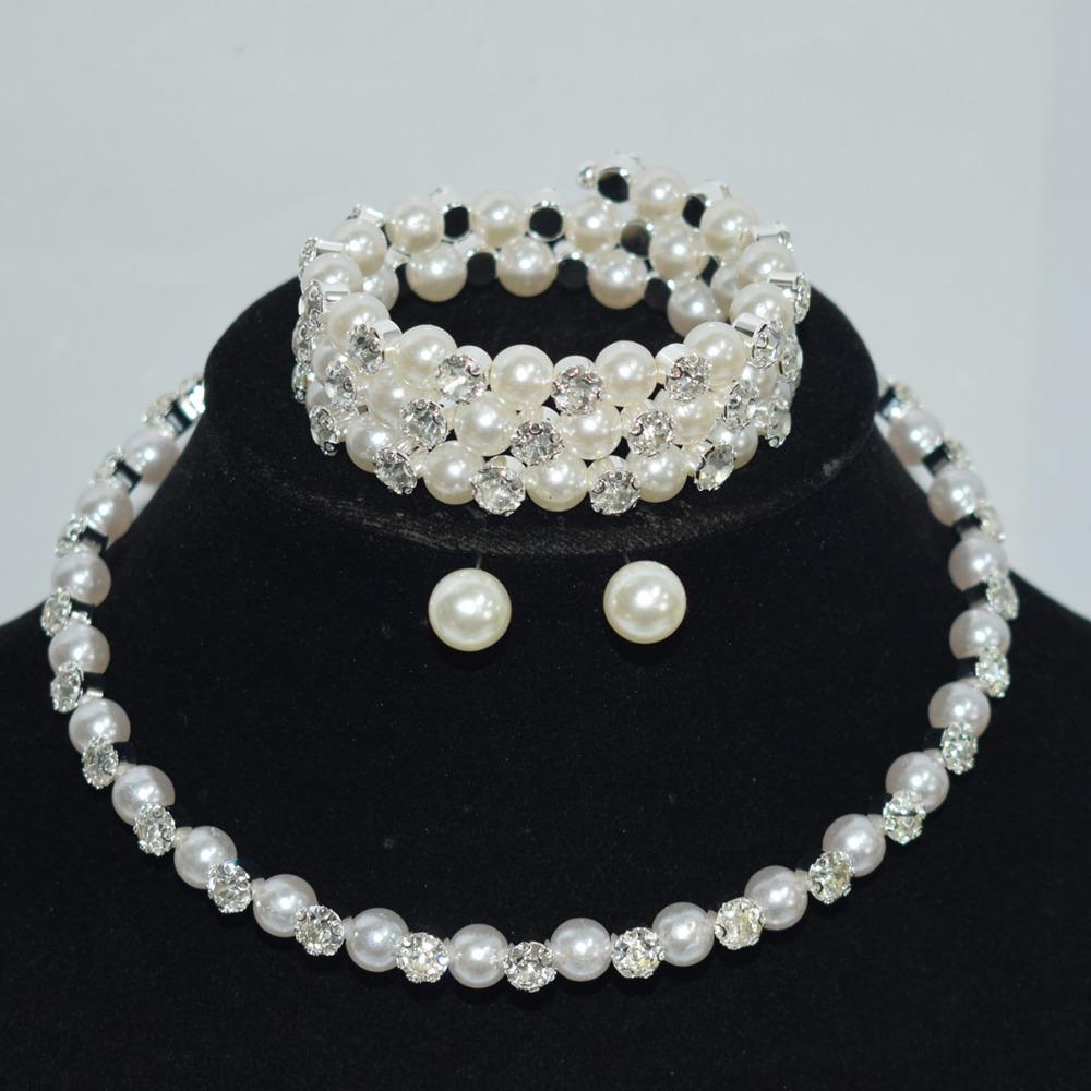 Bridal Wedding Pearl Rhinestone Bundle Neck Chain Collar Bracelet Stud Earrings Three-piece Amazon Claw Chain Set