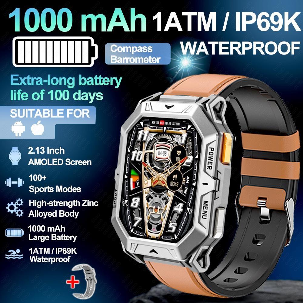 New 1000mAh Battery Smart Watch 2.13-Inch AMOLED Screen Men's Watch Compass 10ATM Waterproof Bluetooth Call Sports Smart Watch