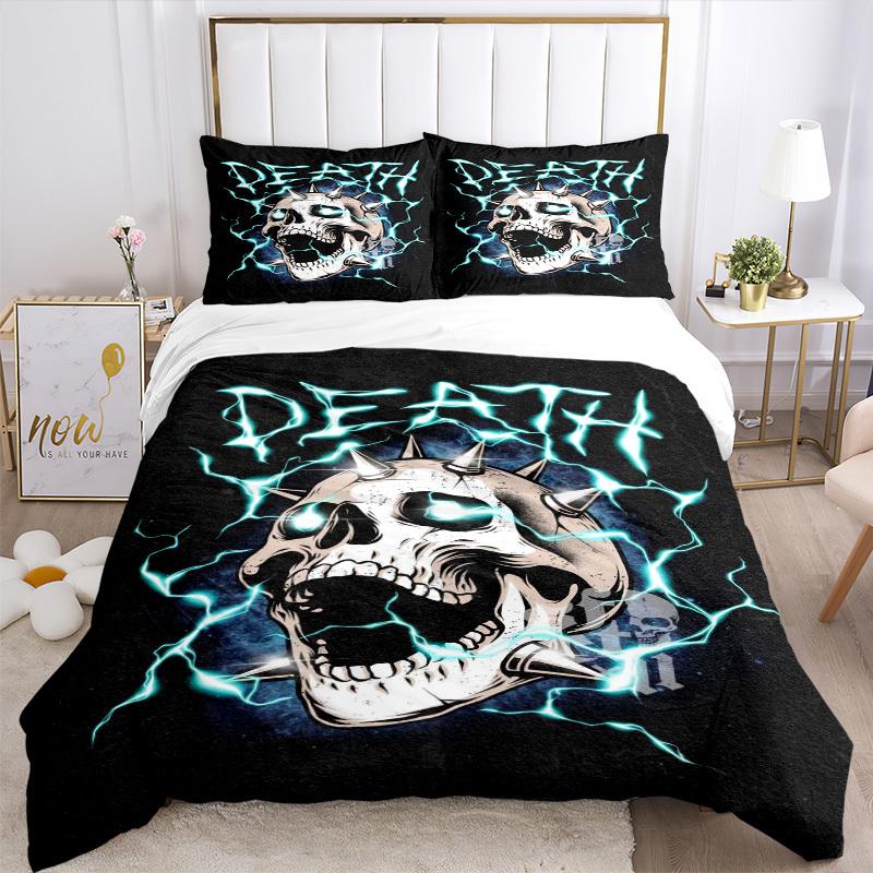 3pcs Death Metal Skull with Electric Lightning - Anime Cartoon Design Bedding Set, Includes One Quilt Cover and Two Pillowcases (No Core), P