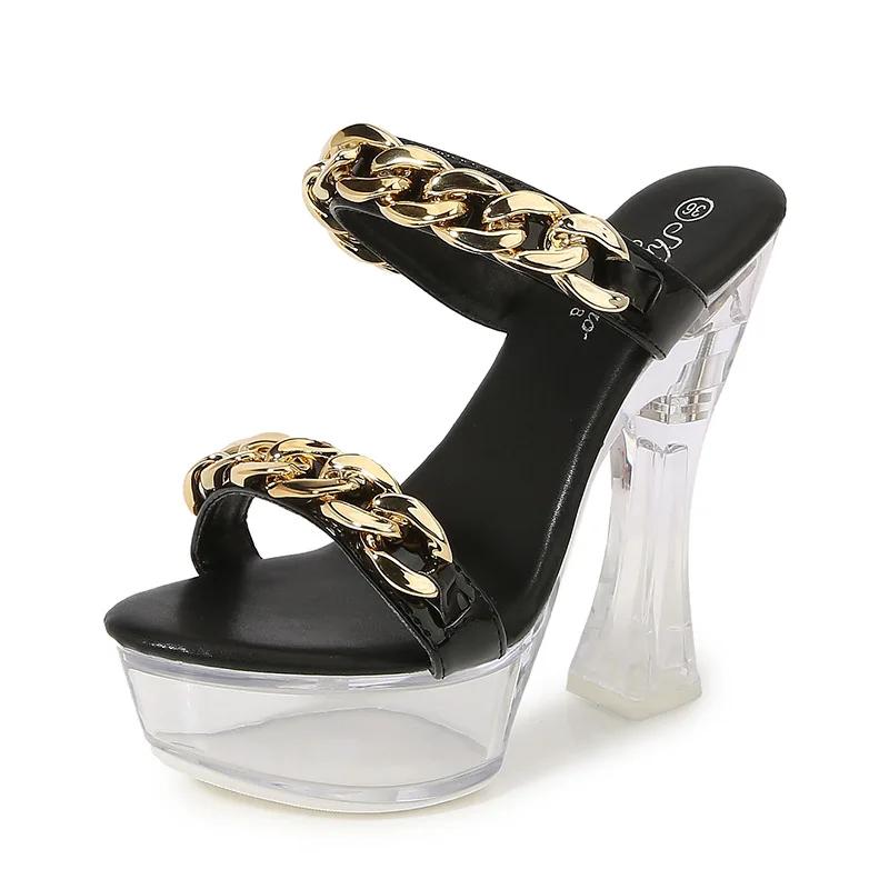 Fashion 14CM Patent Leather Metal Buckle High Heels Thick Heel Super Heel Waterproof Platform Hate The Sky High Slippers Women Slippers
