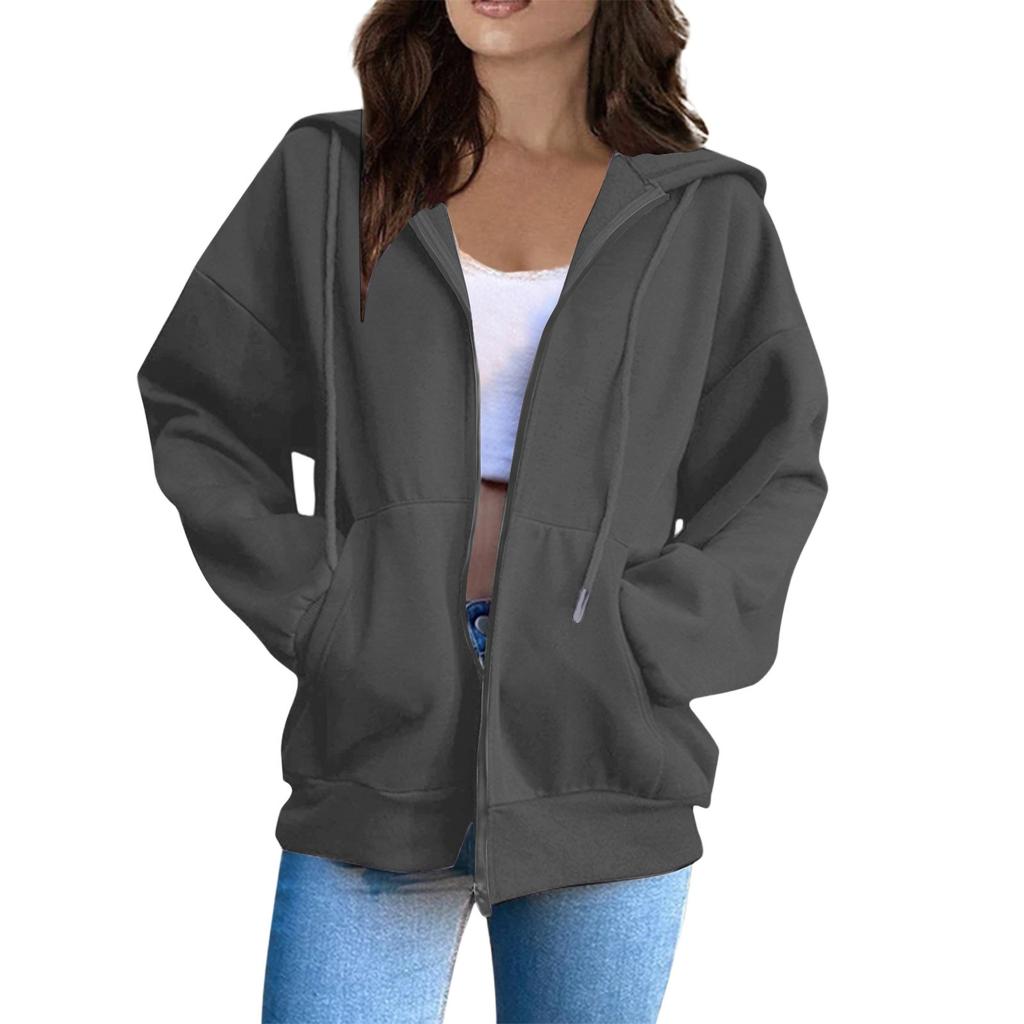 Women's Oversized Zip Up Hoodie Jacket with Pockets, Casual Long Sleeve Drawstring Hooded Sweatshirt for Fall Winter