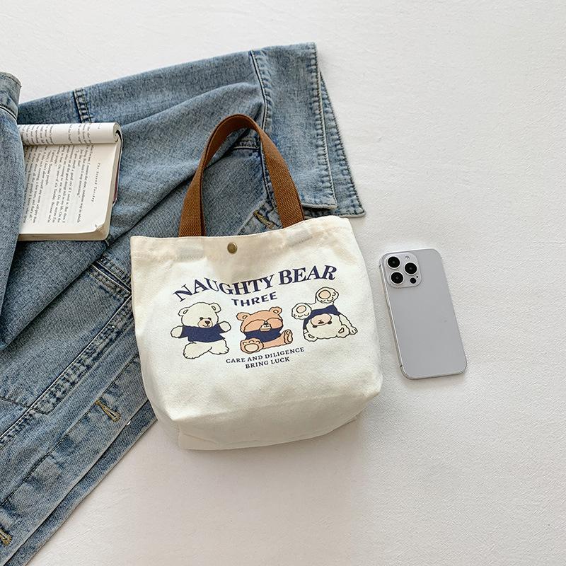 Cartoon Three Little Bears Pattern Reusable Tote Bag Large Capacity Canvas Handbag Bento Lunch Bag