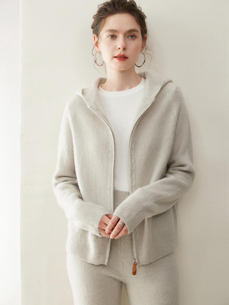Women's 2026 Autumn/Winter Cashmere Hooded Sweater: Gentle Style Double Zipper Jacket