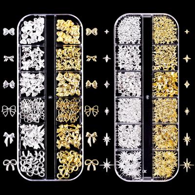 Japanische Bogenstreifenbox, Gold- und Silber-Nagelkunst-Nieten, Halbes Stück, Runde Perlen, Kleine Reiskörner, Schmetterlings-Metall-Nagelaufkleber.