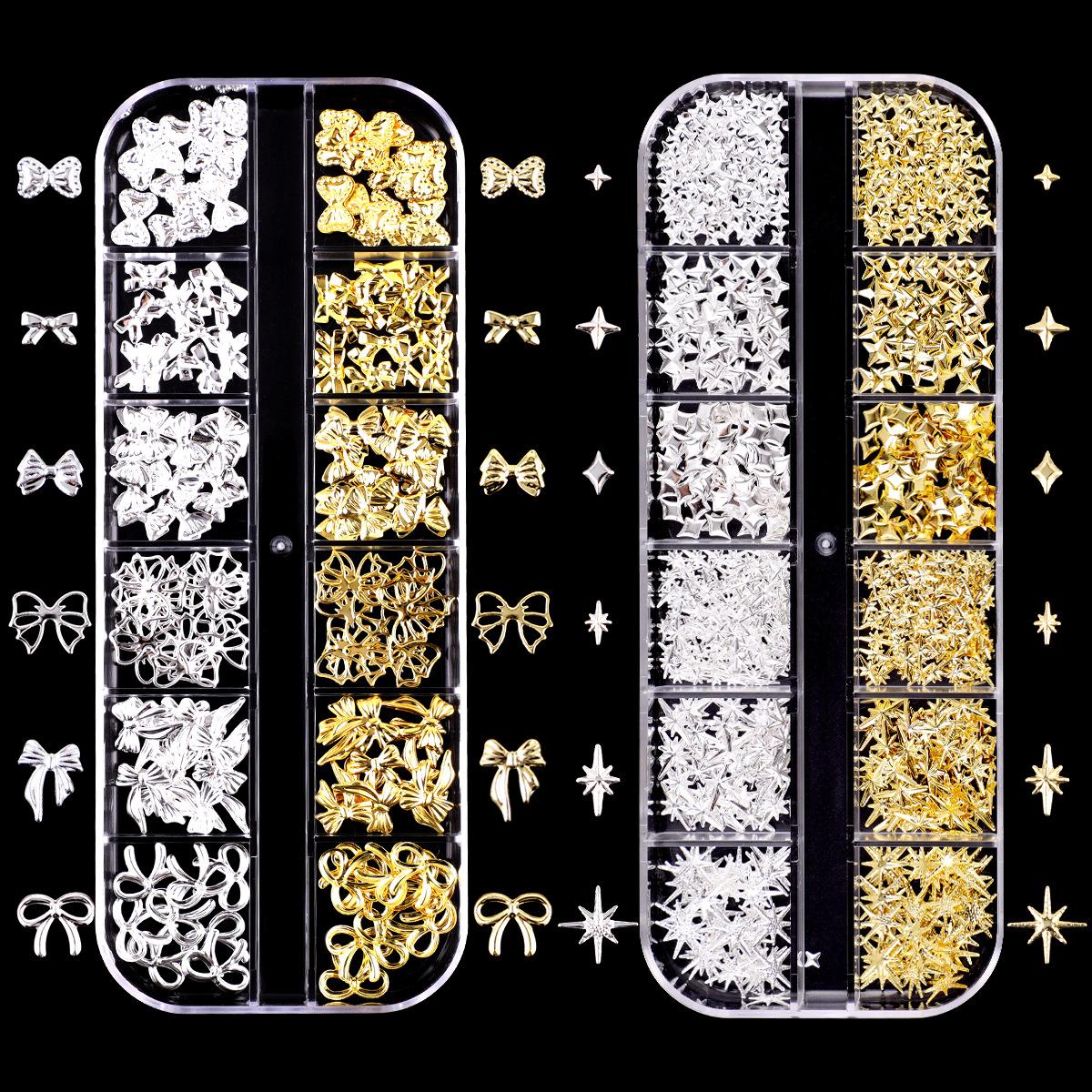 

Japanese Bow Strip Box, Gold And Silver Nail Art Rivets, Half A Piece, Round Beads, Small Rice Grains, Butterfly Metal Nail Patch.