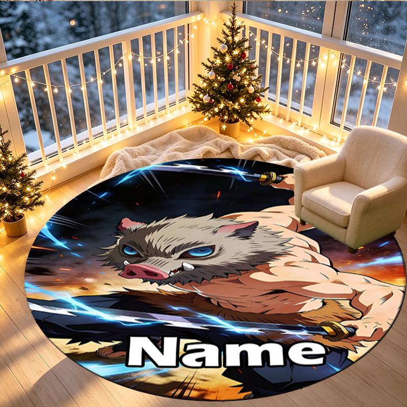 Custom Name Personalized Demon Slayer Print Round Rug, Versatile Home Decor Carpet, for Playroom, Apartment, Balcony, Entryway, Hallway Gift