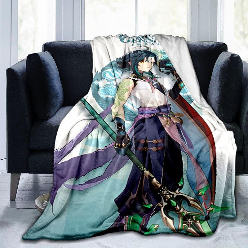 Pătură cu imprimeu Genshin Impact cu desene animate, flanel, căldură, moale, canapea extensibilă de pluș, pătură pentru aruncare, pătură de pluș, anime drăguț