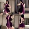 Sexy Lingerie Purple Velvet Slit Cheongsam Pure Desire Uniform Women Pajamas Set