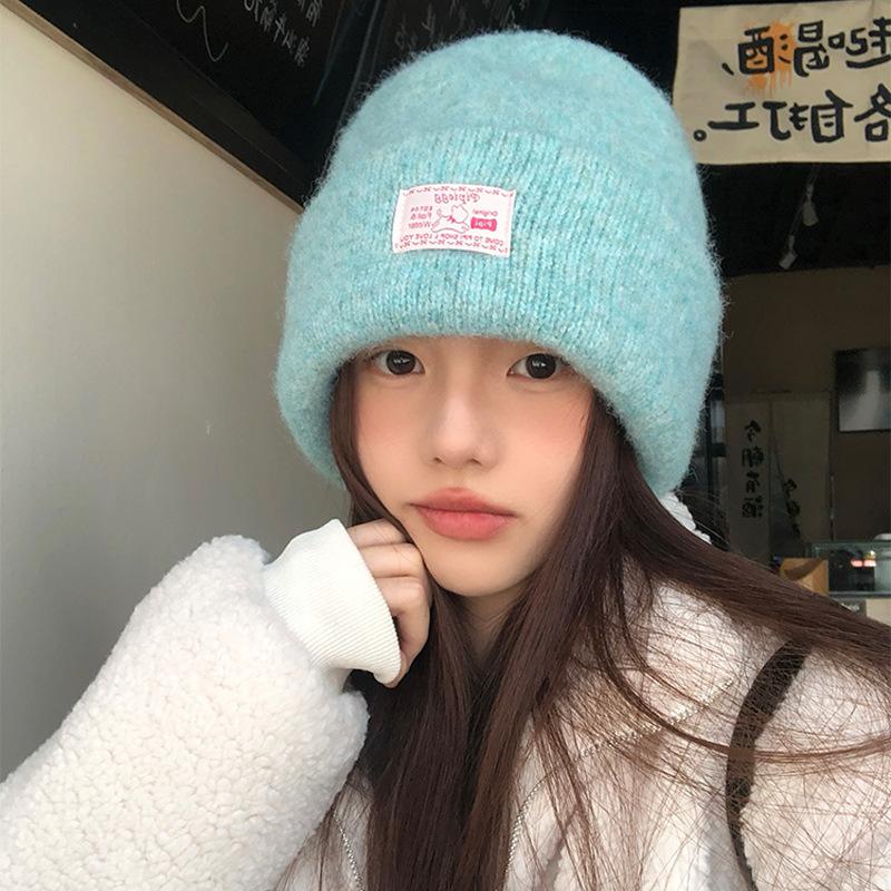 Blue wool knitted hat children's winter Korean versatile lake blue warm cold hat big head circumference ear protector wool hat
