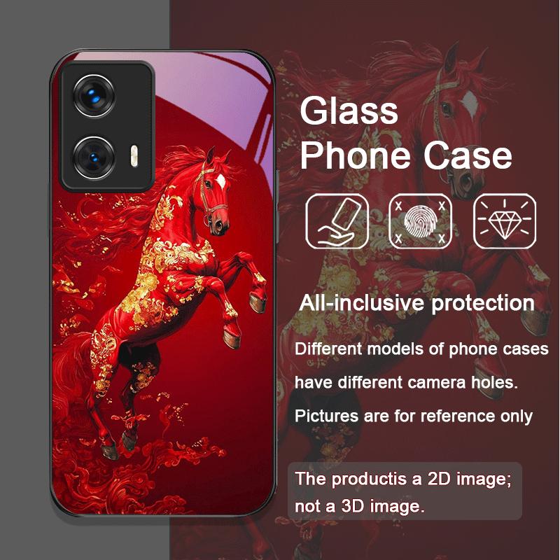 Elegante Custodia in Vetro Temperato Stile Cinese con Stampa Cavallo Rosso per Motorola Moto Edge 50 Fusion 40 Neo 30 Pro G85 G84 G75 Cover
