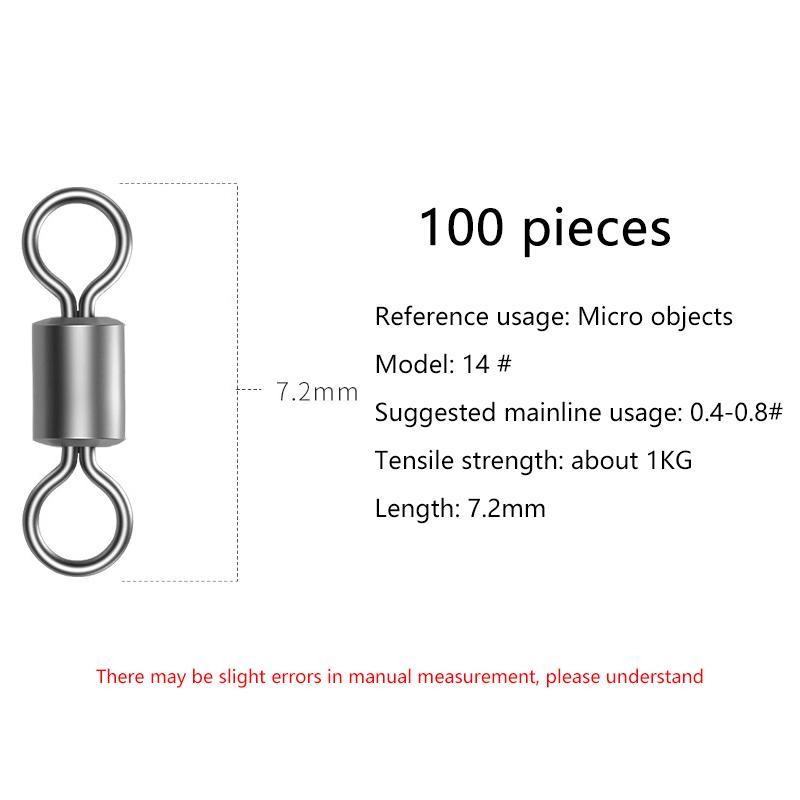 

100 шт. рыболовных вертлюжков из нержавеющей стали, вертлюжки-бочонки, коннектор для лески, микро-вертлюжки, вертлюжки с кольцом для рыболовной приманки Size 14 100Pcs