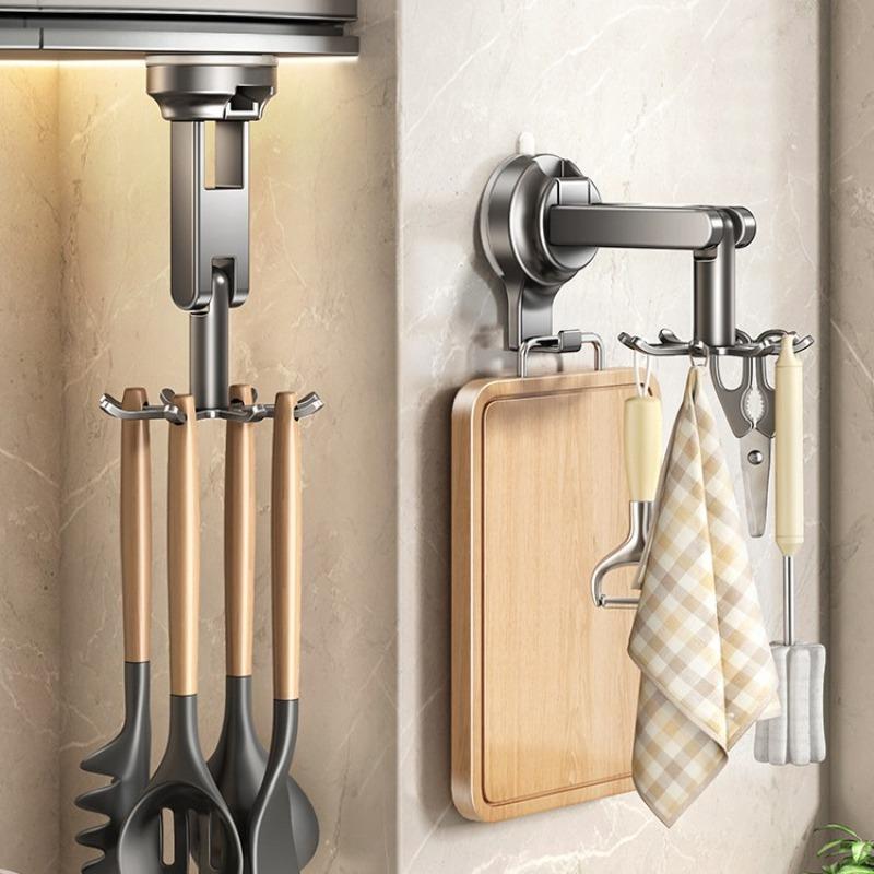 Kitchen Suction Wall-mounted Multi-functional Storage Rack, with Integrated Storage Featuring No-drilling and Rotatable Hooks