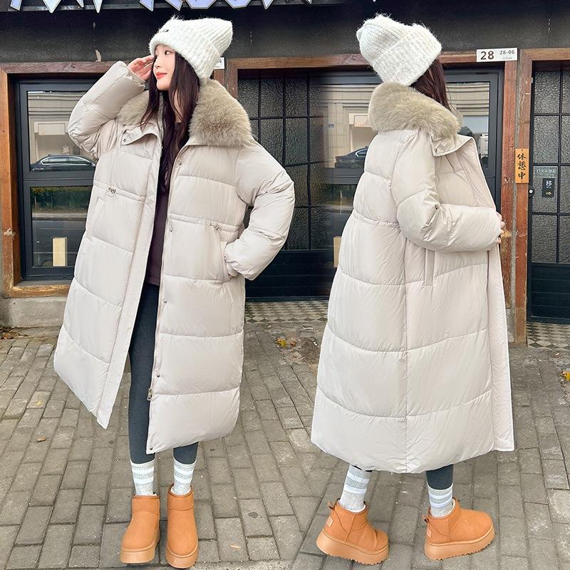 Women's Hooded Puffer Coat Faux Fur Collar Drawstring Waist Long Sleeve Thickened Winter Cotton Coat
