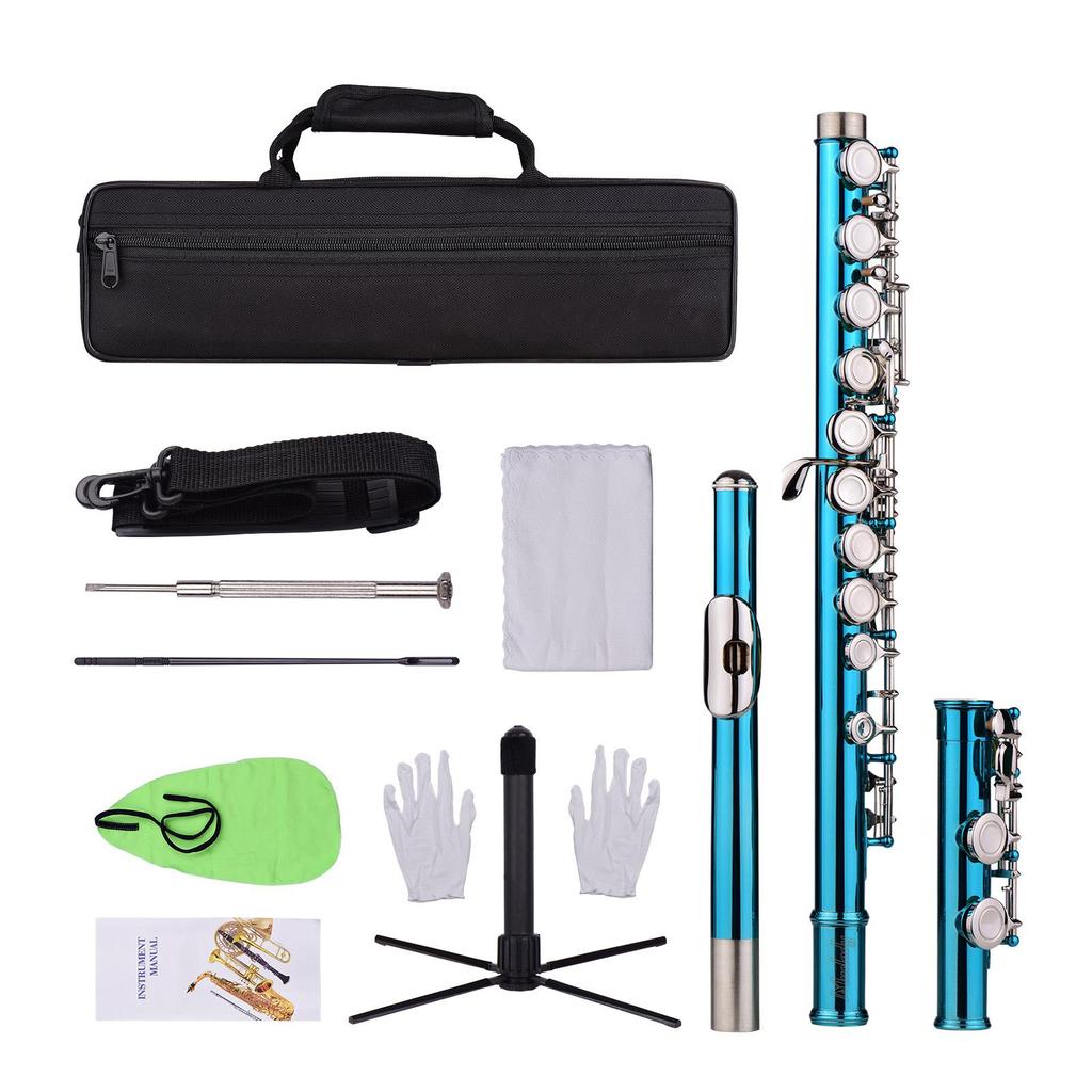 Closed Hole C Flute 16 Keys Cupronickel Nickel-plated Wind Instrument with Carry Case Flute Stand Gloves Cleaning Cloth Mini Screwdriver Cleaning Rod