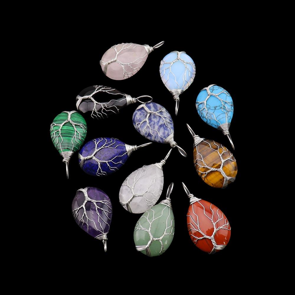 Natural Stone Crystal Agate Water Drop Winding Silk Tree Of Life Pendant Necklace Sweater Chain Water Drop Rough Stone N779