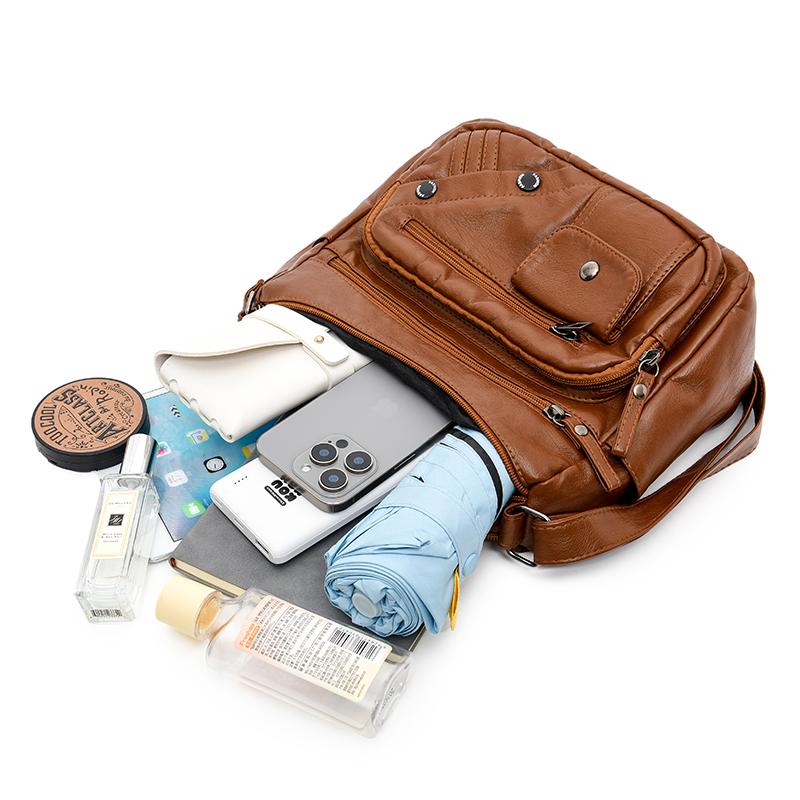 Dameveske i mykt skinn Mammaveske Flere rom Flere glidelåser Stor kapasitet Skulderveske Crossbody-veske