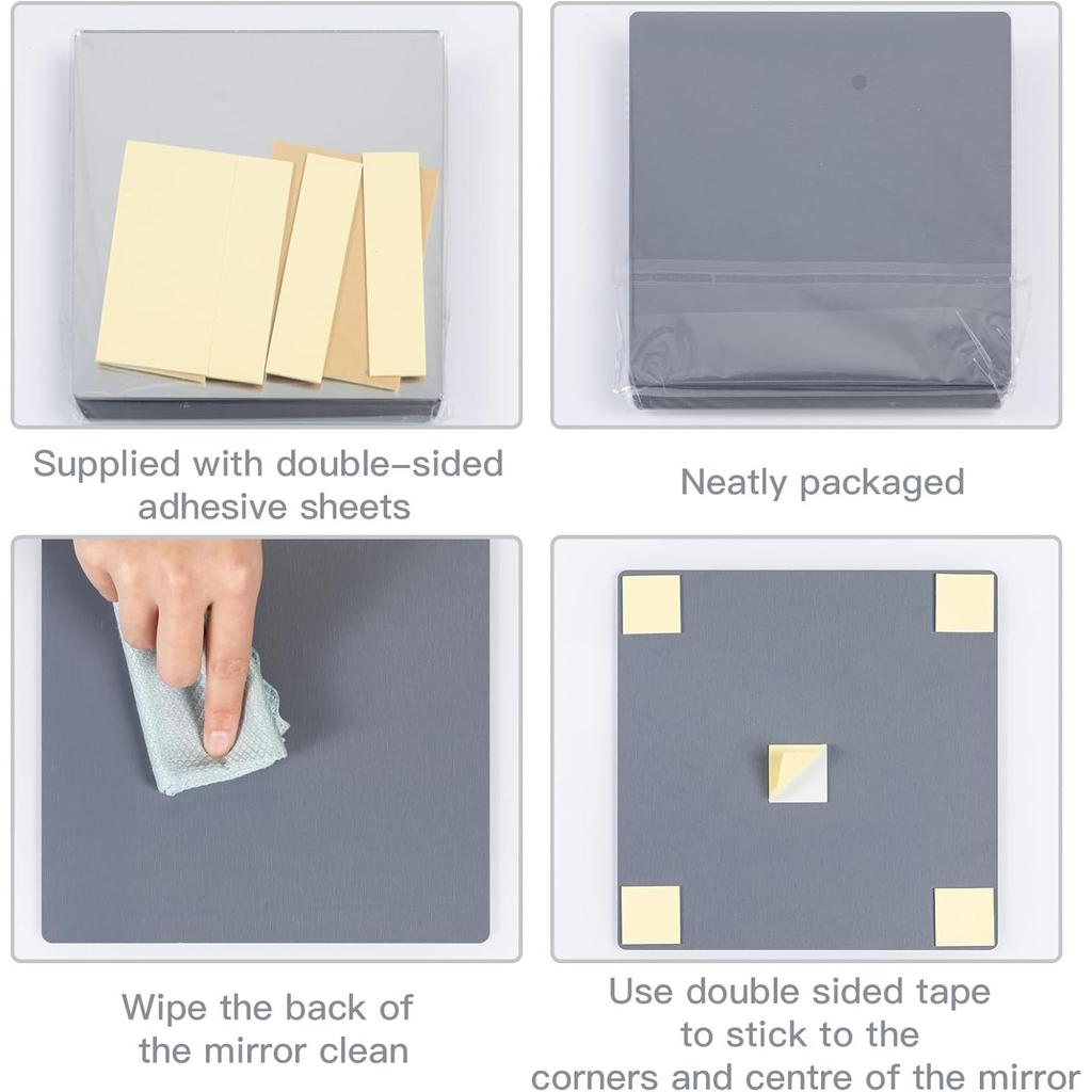 4 Pieces Self Adhesive Mirror Tiles 20x20cm (2mm Thick), Acrylic Stick on Mirror Stickers, Flexible Tiles for Wall, Bathroom, Bedroom