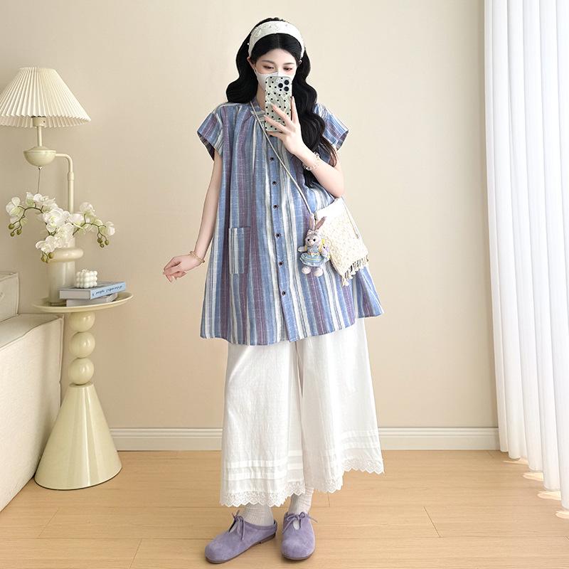 2026 Elegant Maternity Summer Two-Piece: Striped Top & Wide-Leg Pants Set L