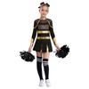 Girls Cheerleading Outfit Rhinestone Letter Design Metallic Color Patchwork Long Sleeve Pleated Dress Set