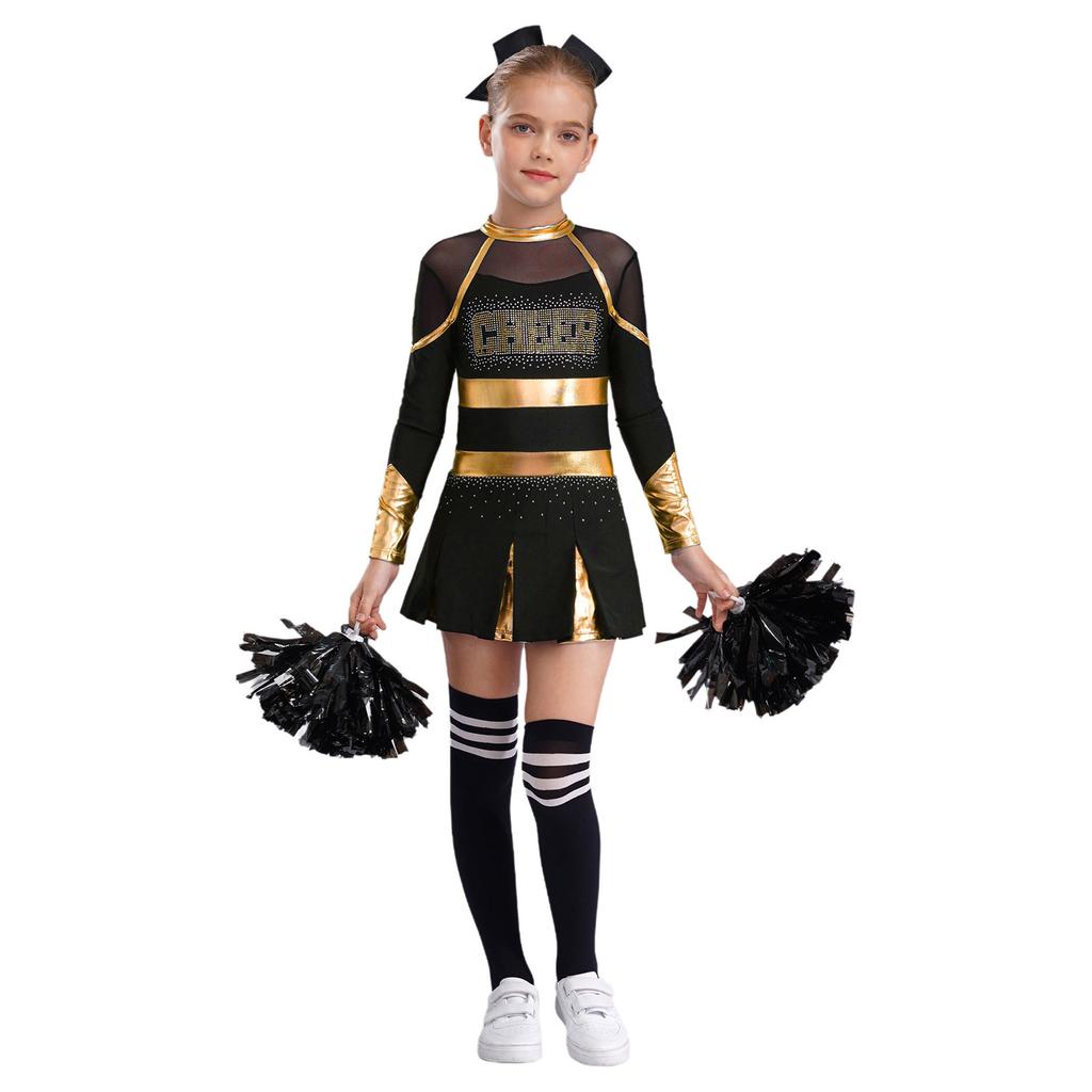 Girls Cheerleading Outfit Rhinestone Letter Design Metallic Color Patchwork Long Sleeve Pleated Dress Set