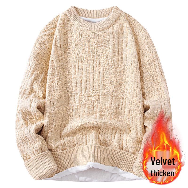 Men's Plush Velvet Round Neck Sweater: Versatile, Casual Autumn/Winter Knitwear, Simple Solid Color, Trendy Inner Wear.