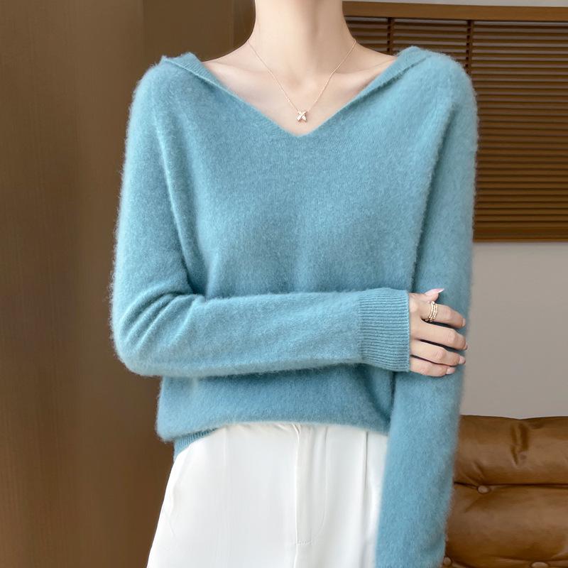 Women's 100% Wool Hooded Sweater: Autumn/Winter Knit, Loose, Soft, Trendy.