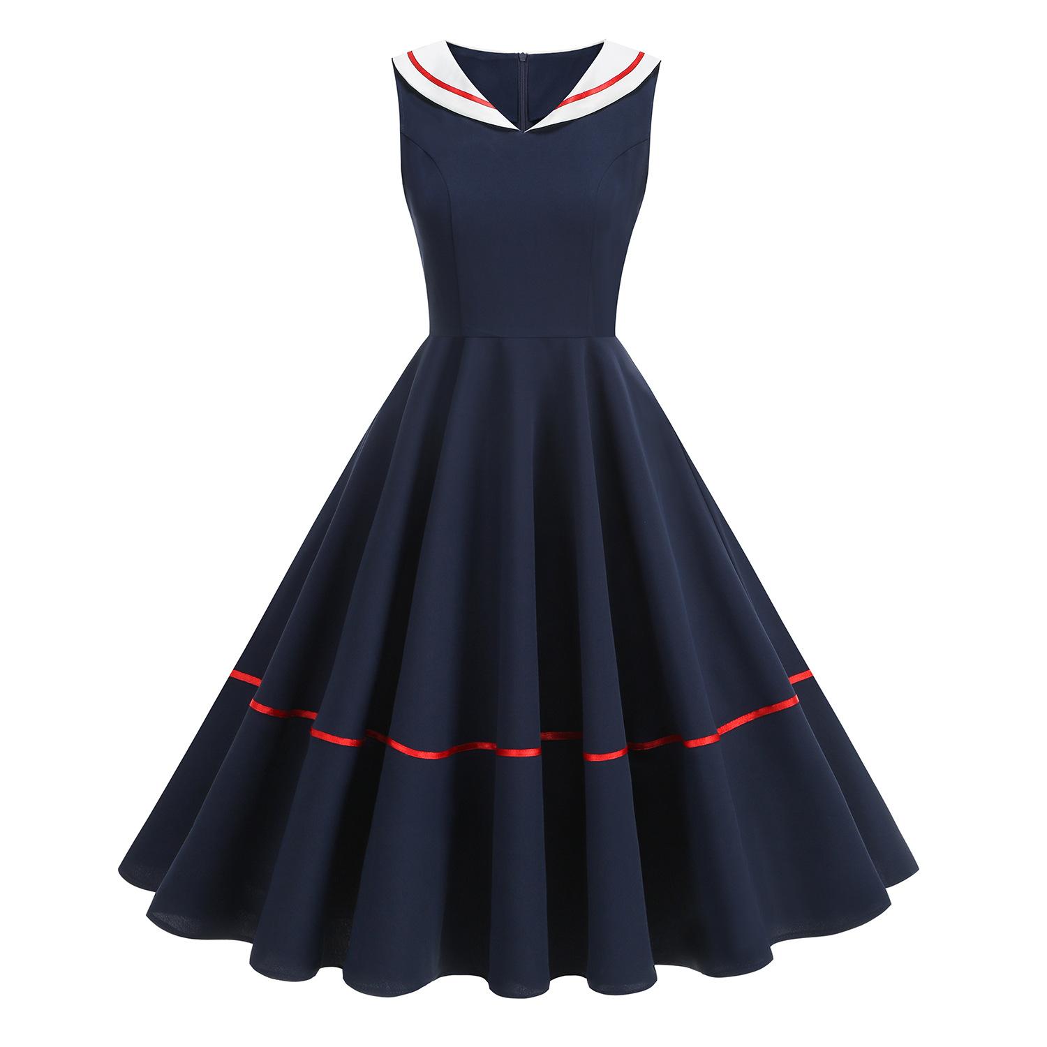 

Retro nautical-style woven-strap dress in a Hepburn-inspired design, featuring a full skirt and mid-length cut for a sophisticated and elegant look S темно-синий