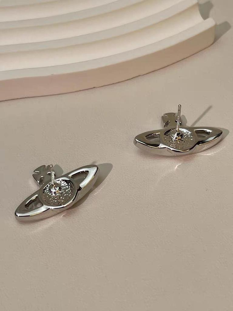 Classic Saturn Stud Earrings: Westwood-Style Full Diamond Planet Design