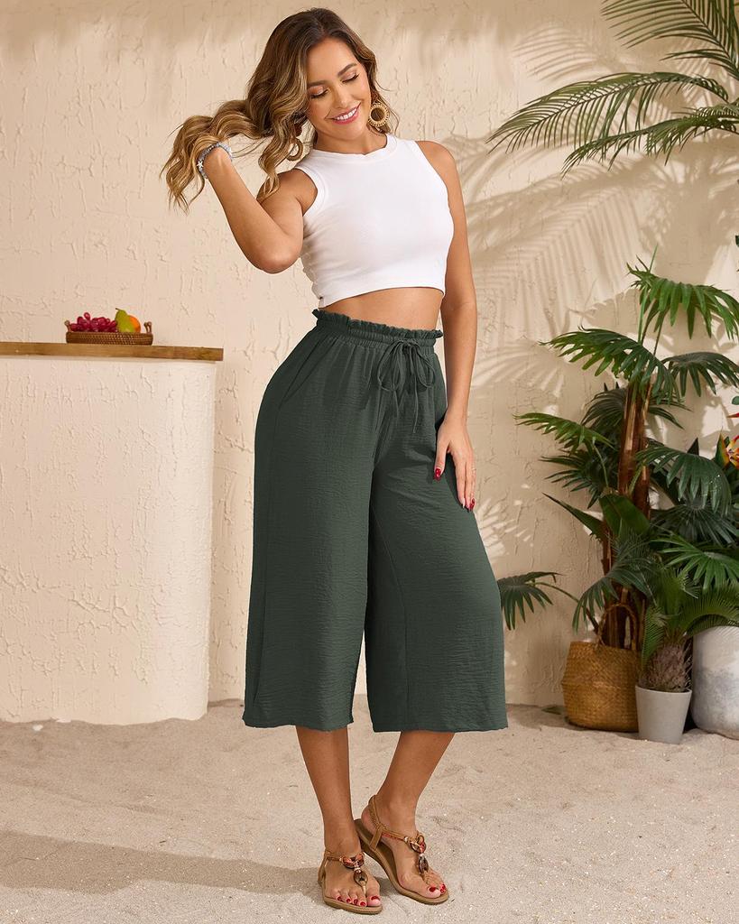 Women's Solid Color Wide-Leg Cropped Pants with Elastic Waistband and Pockets