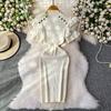 Summer Women Elegant Ruffle Metal Button Office Work Knitted Sheath Sweater Mini Dresses