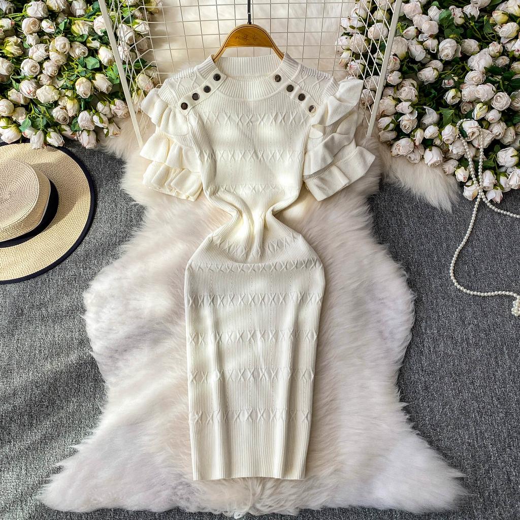 Summer Women Elegant Ruffle Metal Button Office Work Knitted Sheath Sweater Mini Dresses
