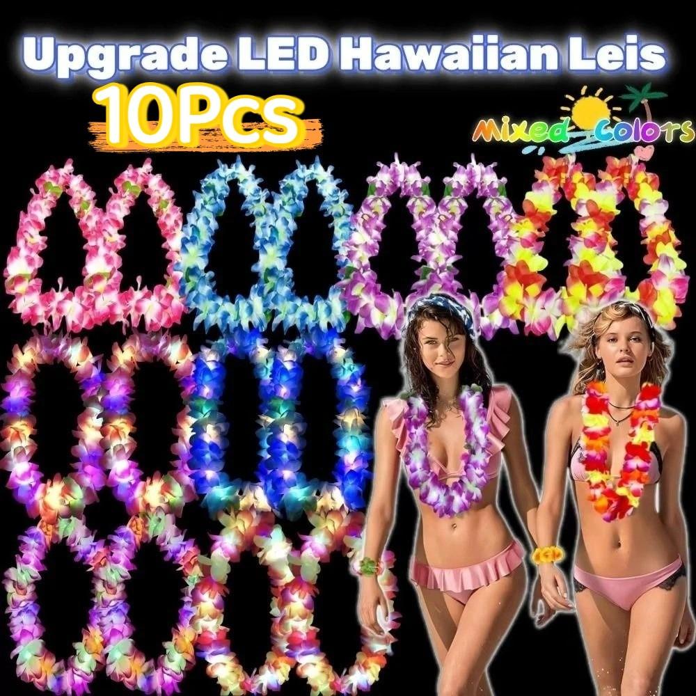 10Pcs Colorful LED Hawaiian Leis Vibrant Reusable Light Up Flower Wreath Portable Durable Faux Flower Garland Necklace
