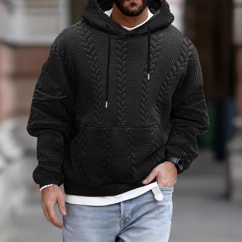 Men S Casual Hooded Pullover Sweatshirt Jacquard Solid Long Sleeve Loose Fit