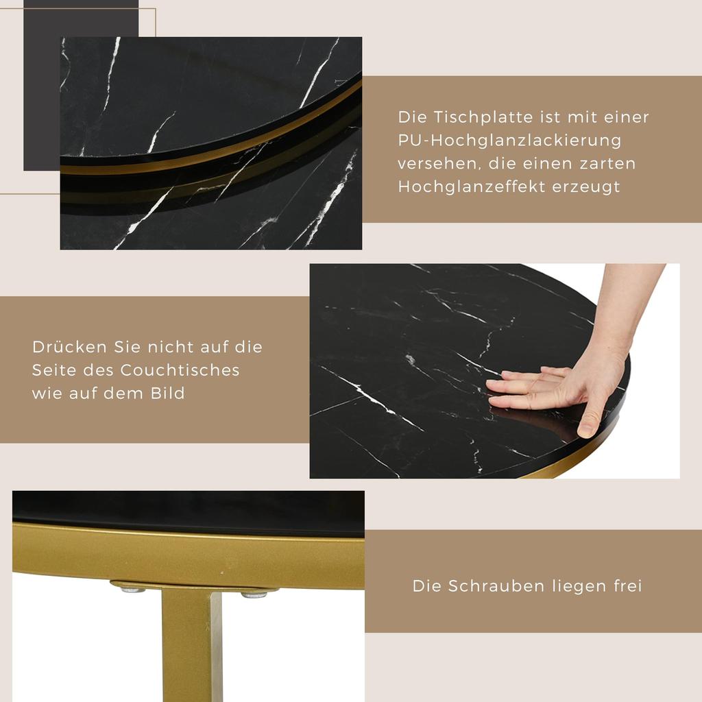 Couchtisch Rund, Satztisch 2er Set, Moderne Nesting Kaffeetisch Schublade, Gold Marmormuster, Sofatische Schlafzimmer Balkon Büro, Schwarz