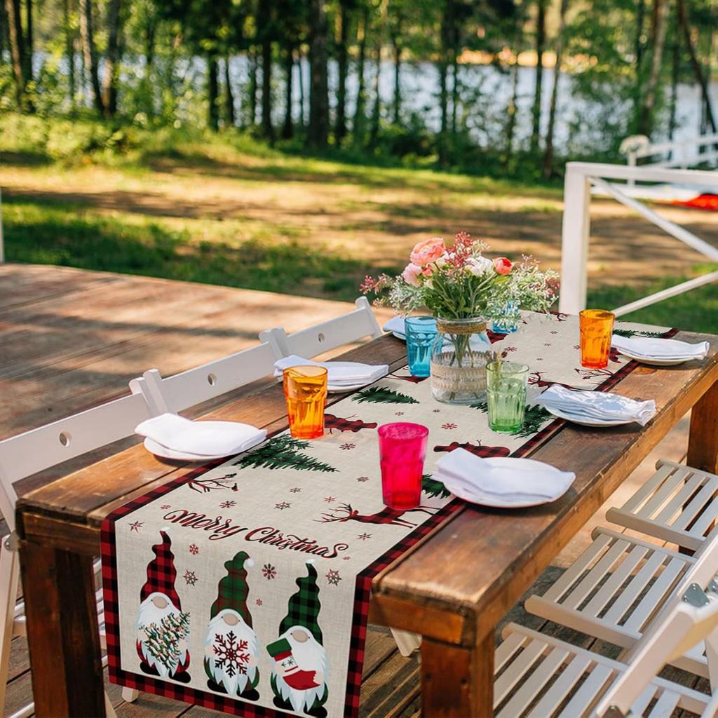 Merry Christmas Gnome Table Runner 70 Inches Long,Xmas Tree Elk Farmhouse Buffalo Plaid Table Runner,Winter Snowflakes Retro Linen Dresser Scarves