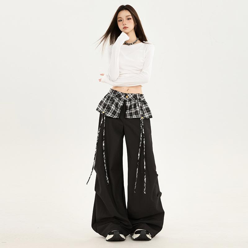 American-style spicy girl black plaid patchwork casual pants for women, autumn/winter lazy style high-waist versatile wide-leg work pants