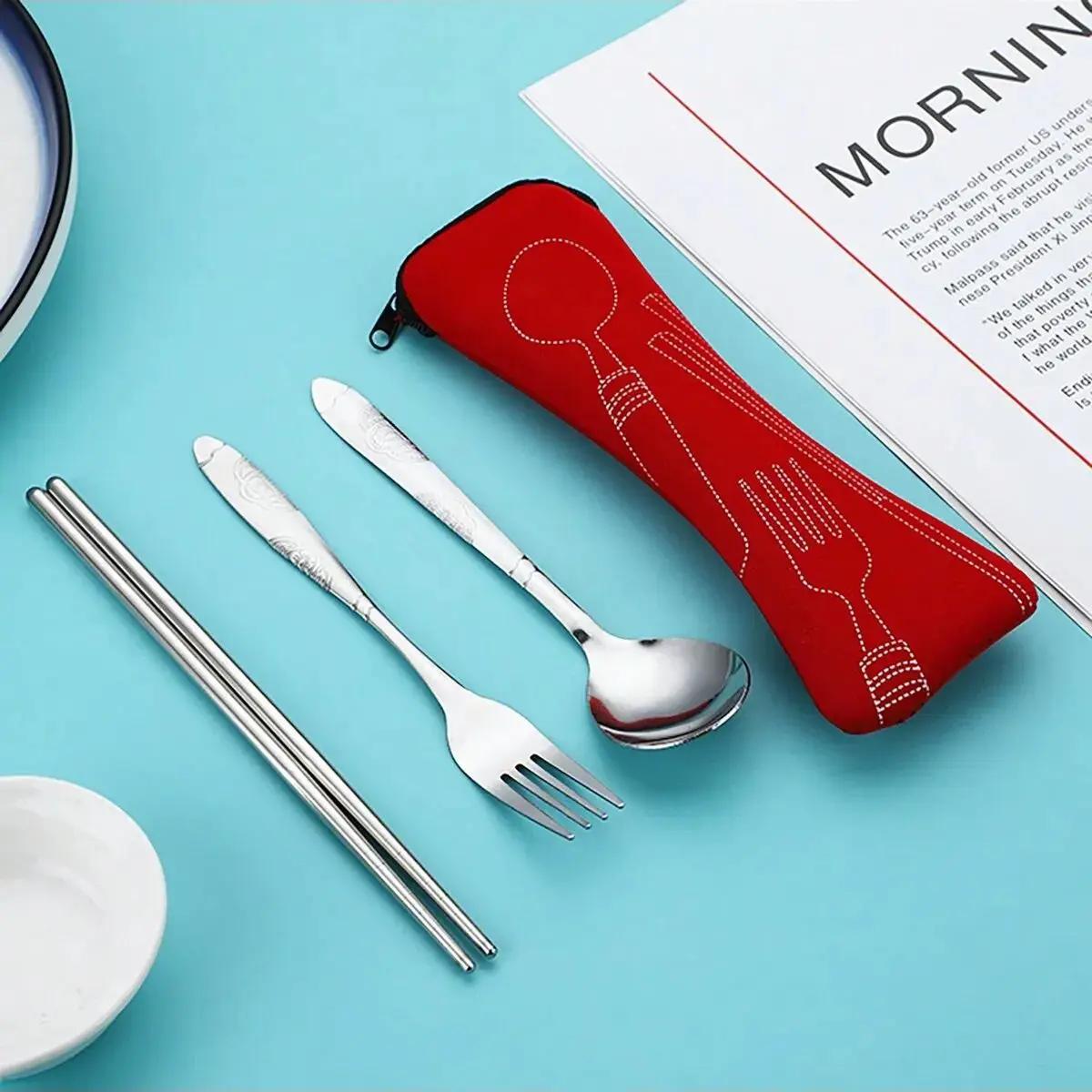 

Набор столовых приборов для стейка из нержавеющей стали, Портативный набор столовых приборов с тканевым мешком, Набор палочек для еды, вилки и ложки красный