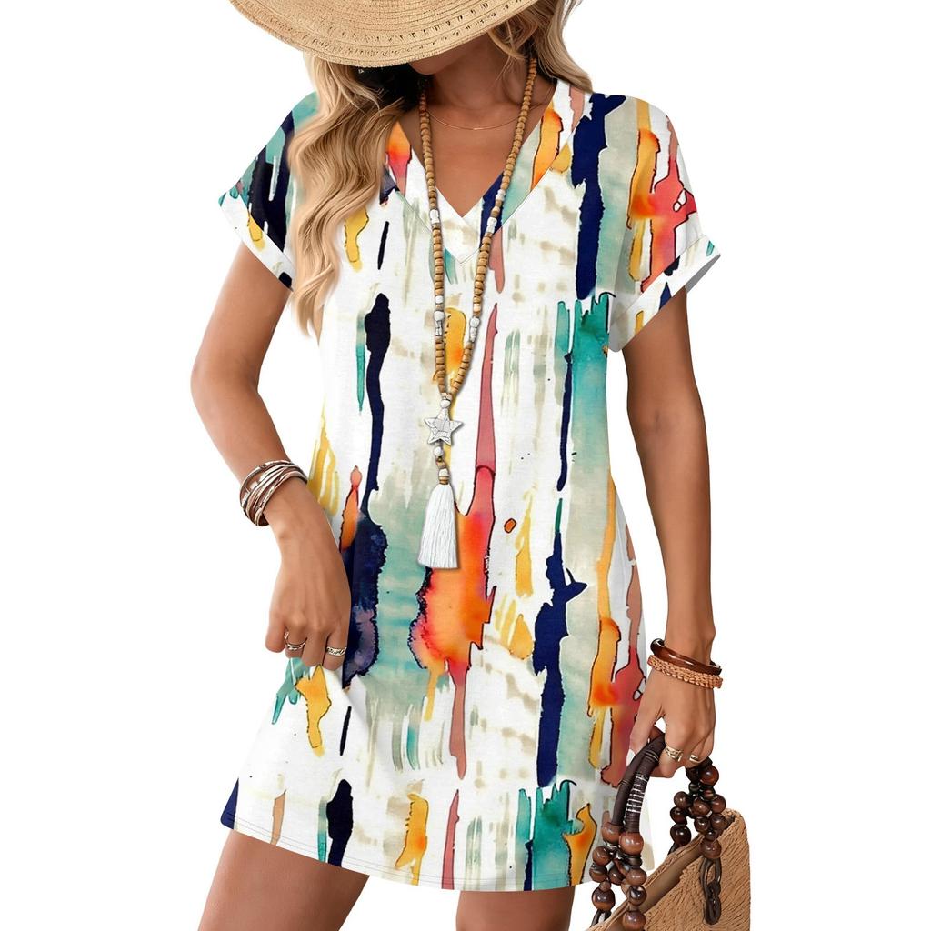 Short Sleeve Women's Dress Casual Dresses With Pockets V Neck Vocation Boho Beach Sundress