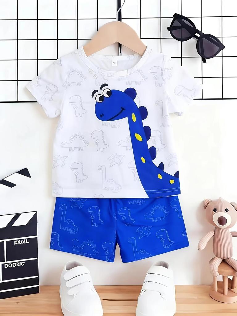 Summer Boys Cartoon Print Short Sleeve Shorts Set, Breathable Two-Piece Outfit For Home & Outdoor Wear