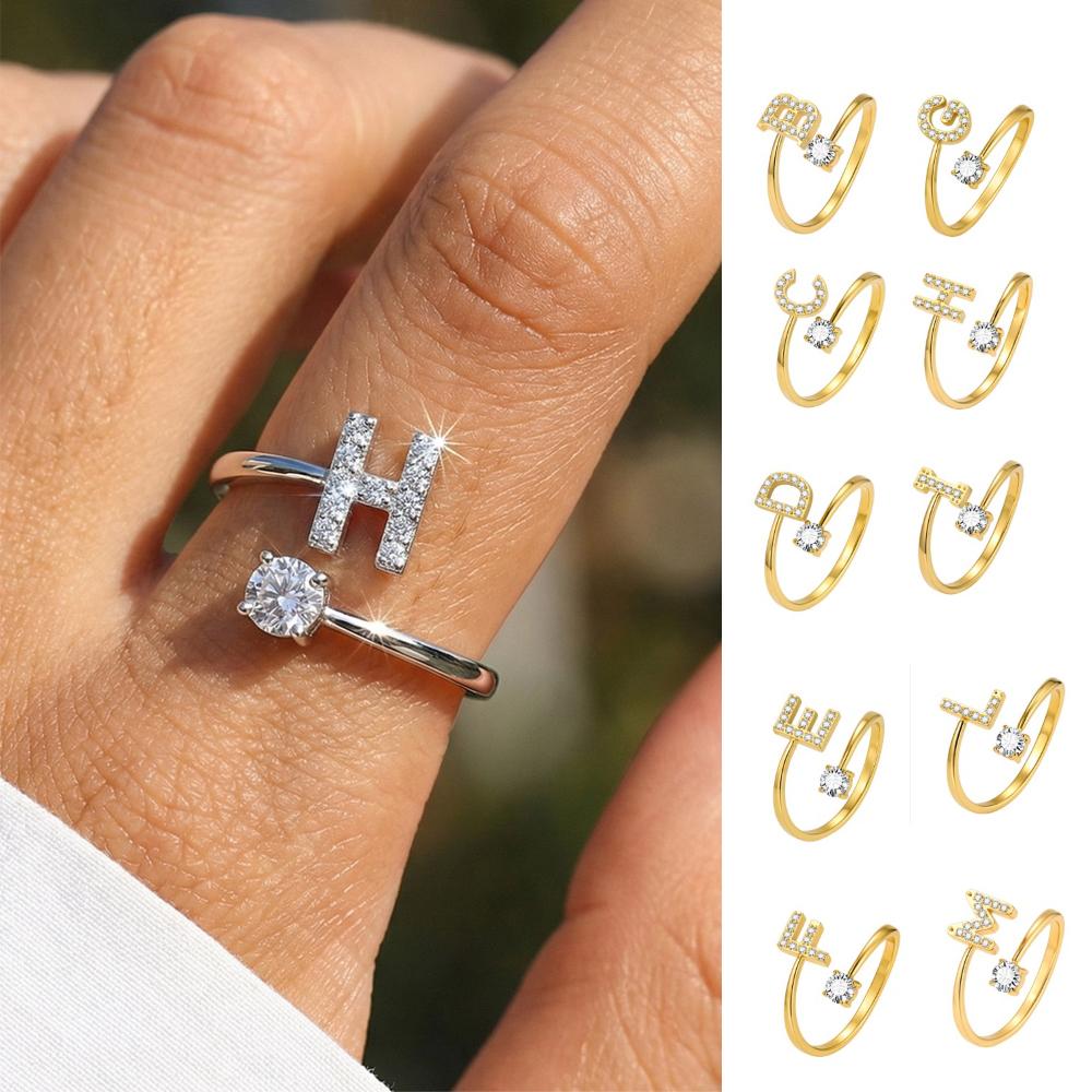 Pierścionek Initial, Pierścionek z literą Zircon A-Z, Regulowany otwarty pierścionek ze stali nierdzewnej dla kobiet, Biżuteria ślubna, Nieścieralny