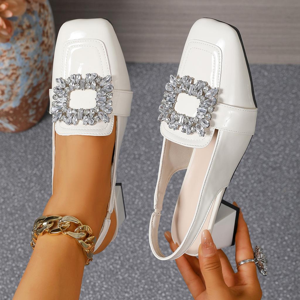 Women Sandals Water Diamond Buckle Thick Heel Sandals Women Summer 2025 New Baotou Shoes Women French Retro Square Headed Shoes