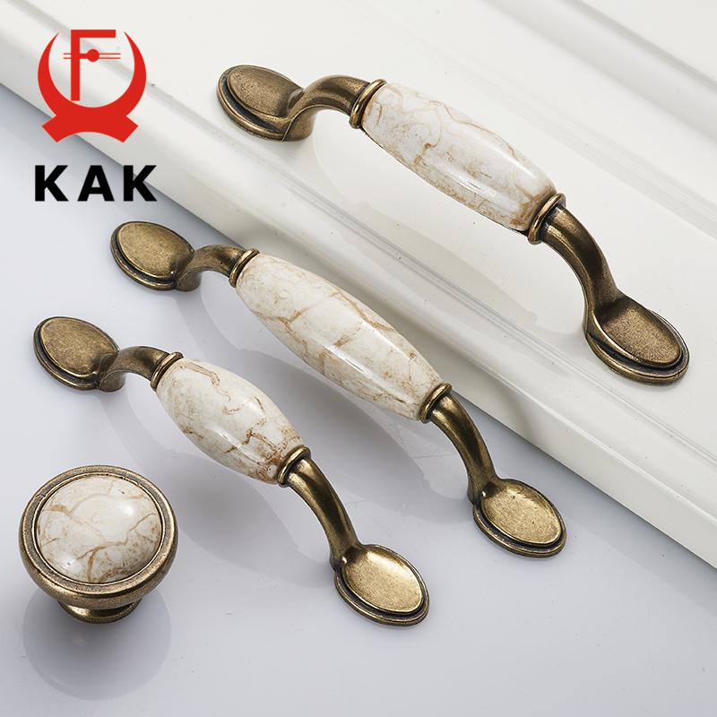 KAK Marble Lines Ceramic Cabinet Handles Zinc Alloy Drawer Knobs Wardrobe Door Handles Antique Bronze European Furniture Handle