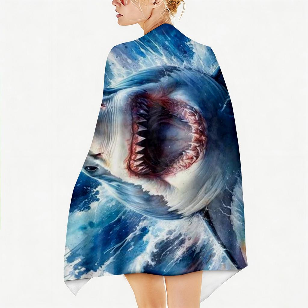 1PC White Shark Animals Paint for Family Friends Gifts Towel Quick-Dry Beach Towel For Yoga Tourism Beach GYM Camping Swimming