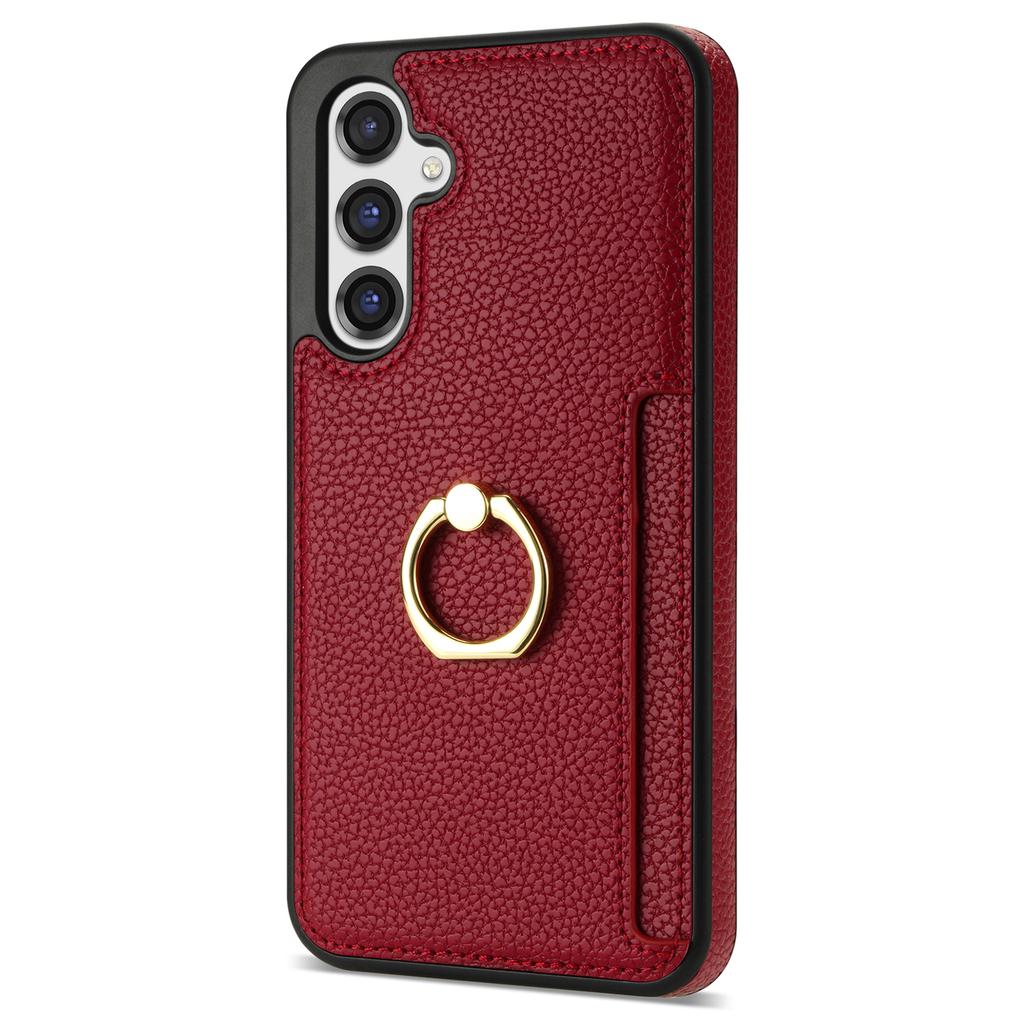 For Samsung Galaxy S23 FE Finger Ring Kickstand Phone Case PU Leather+TPU Card Holder Cover
