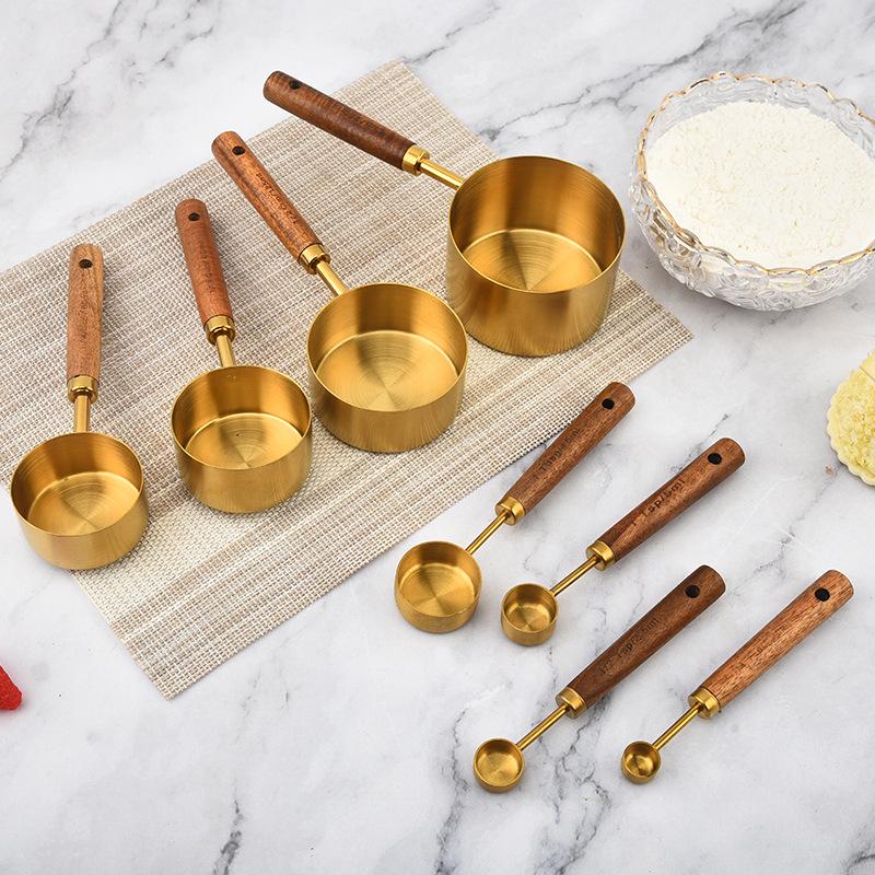 Gold-Plated Stainless Steel Measuring Cups & Spoons Set with Acacia Wood Handles – 8 Pieces