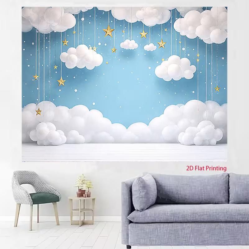 2D Whimsical Starry Cloud Backdrop Children Party Photography Background