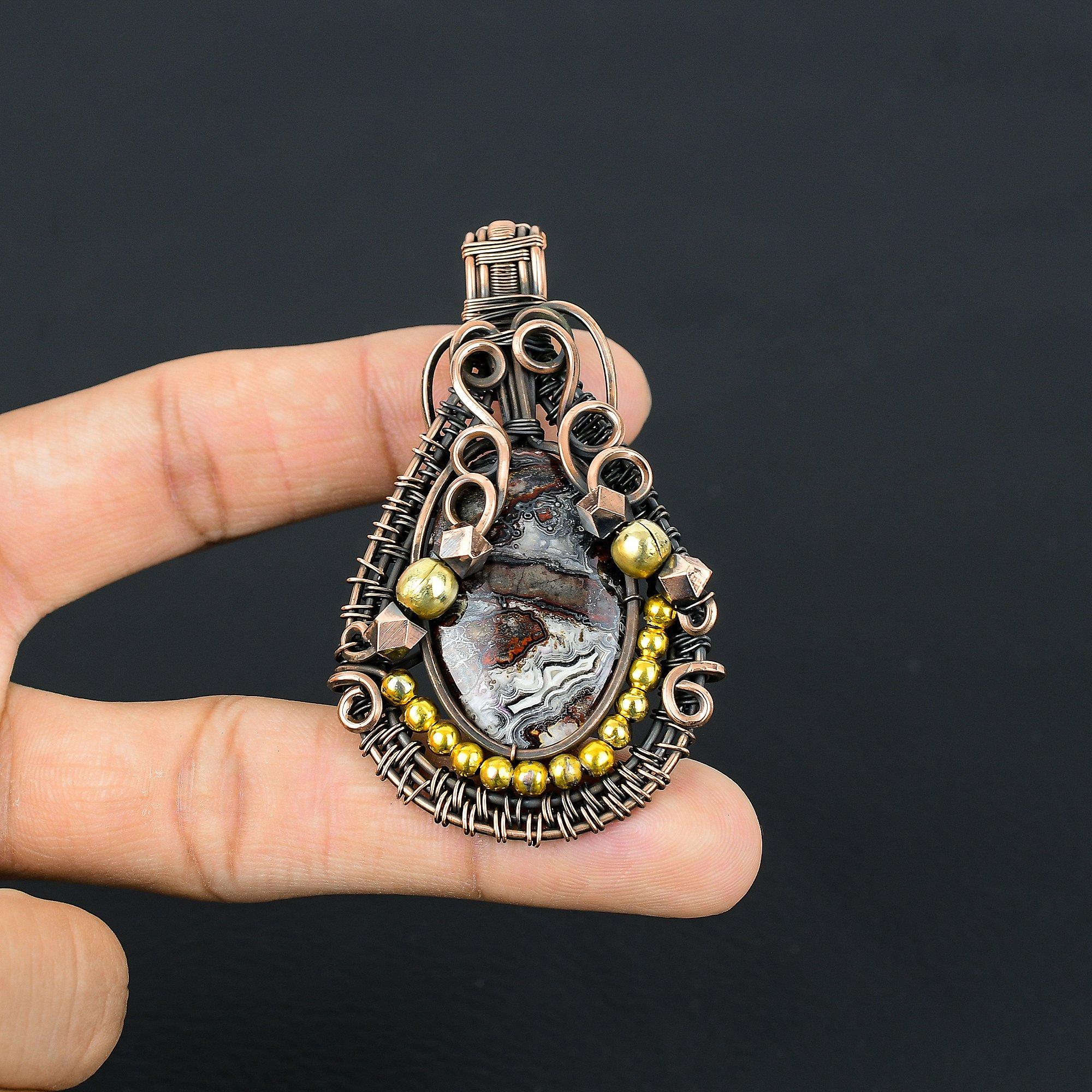 

Подвеска из агата «Сумасшедший кружевной», украшения ручной работы, подвеска, обернутая медной проволокой 999 пробы, украшение-подвеска, подарок для нее, женская подвеска, новая подвеска 2.55 Inches