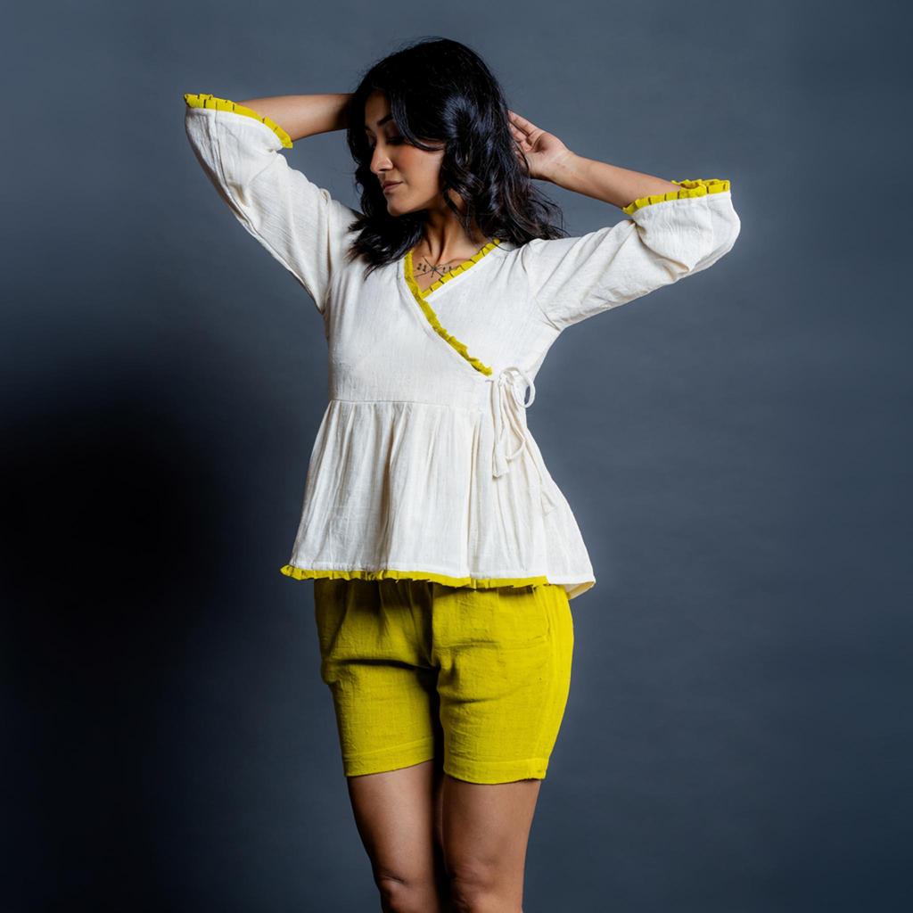 Women's Two Piece Set with Shorts - Cotton Oversized Shirt and Shorts, Angrakha Style, Loose Fit Casual Outfit